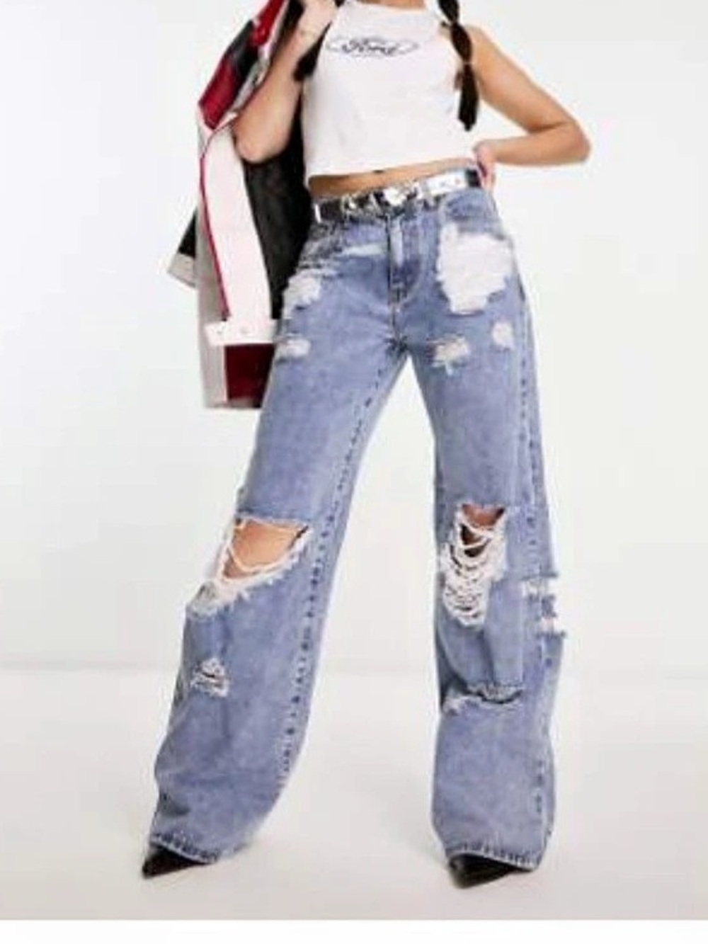 Distressed Wide Leg Blue Jeans